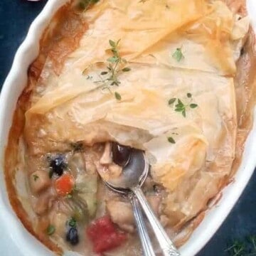 a close up of Mediterranean chicken pie