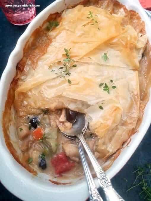 a close up of Mediterranean chicken pie