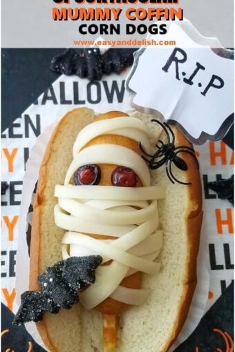 A close up of  Halloween corn dogs
