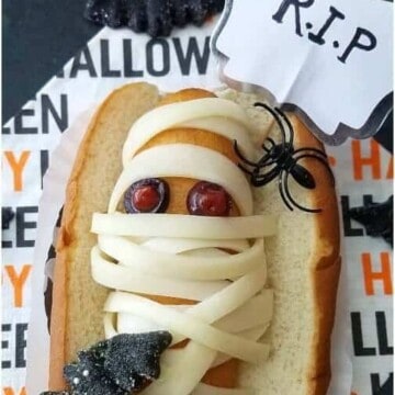 A close up of  Halloween corn dogs