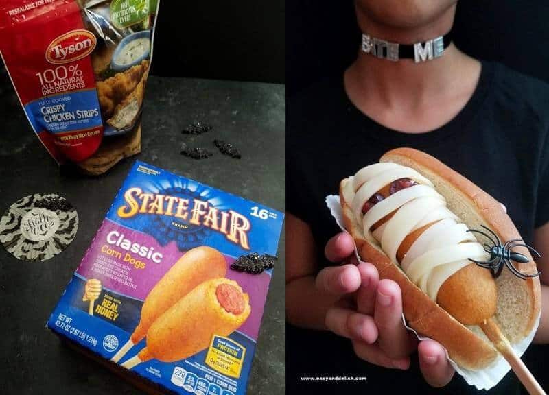 Two combined images, one showing the products and other a child holding a mummy coffin corn dog. 