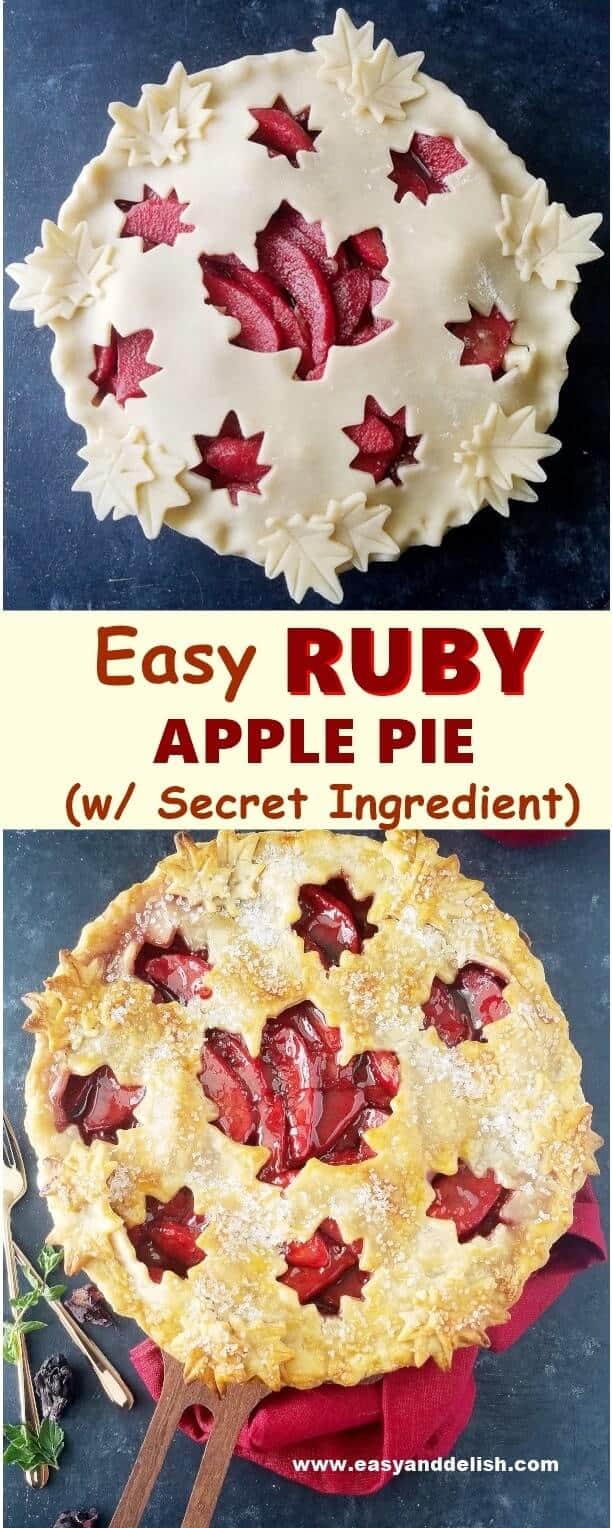 Two combined close up images showing ruby apple pie before and after baking. 