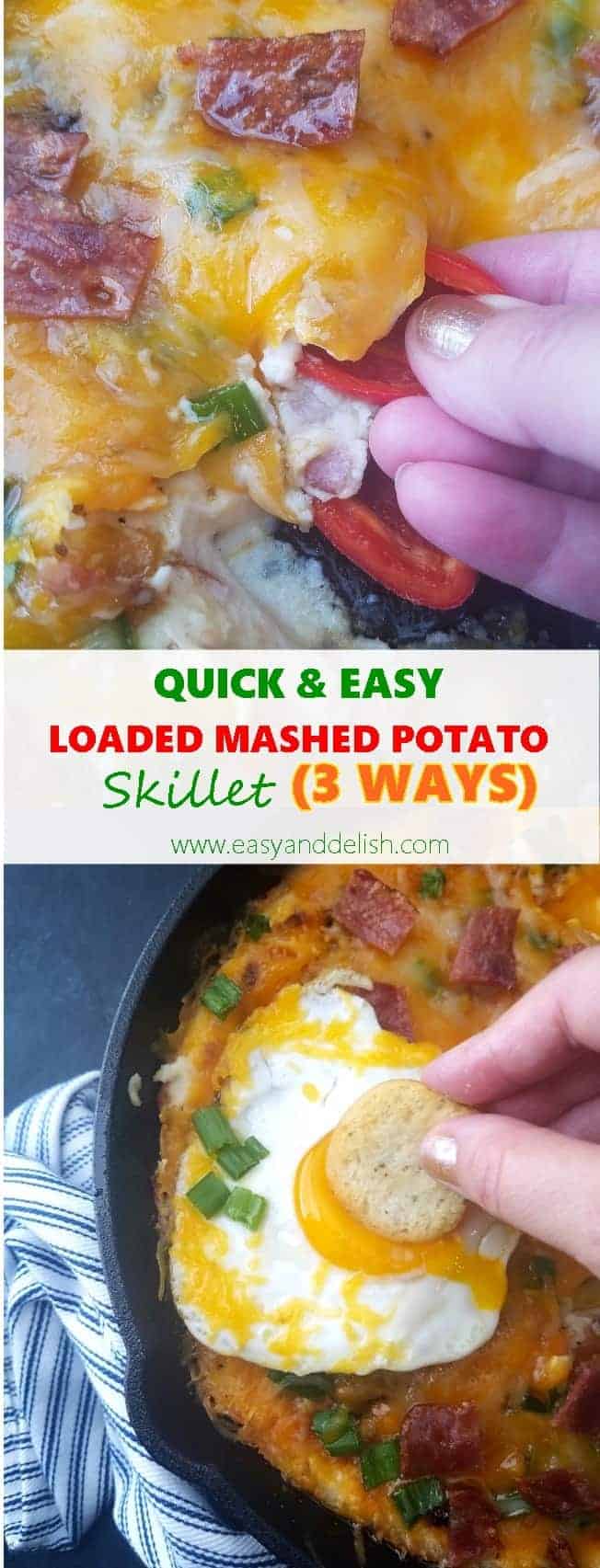 Two combined images showing loaded mashed potato skillet as a dip and also as a breakfast casserole 