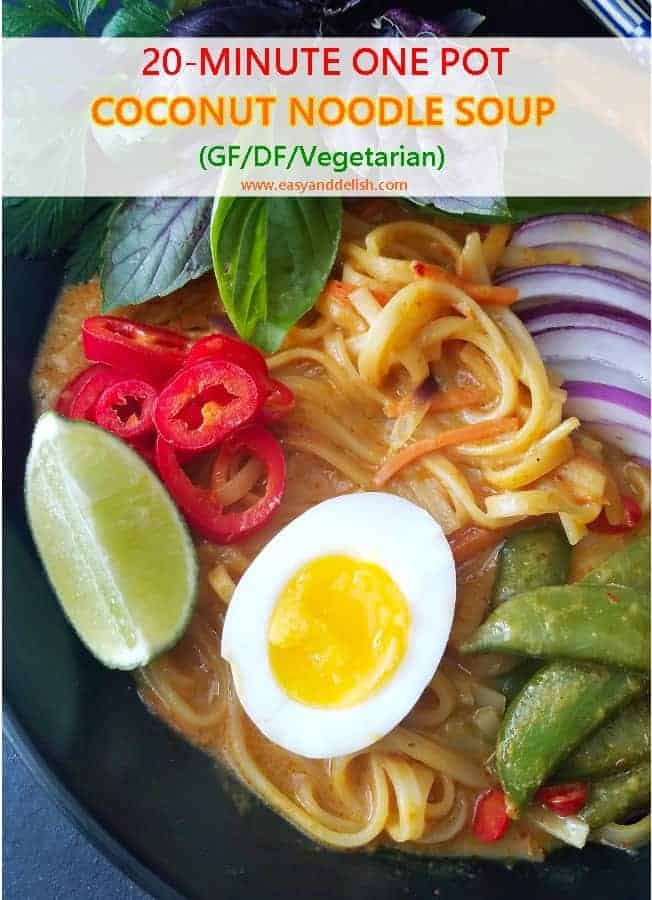 Close up image of one pot Thai coconut noodle soup in a bowl