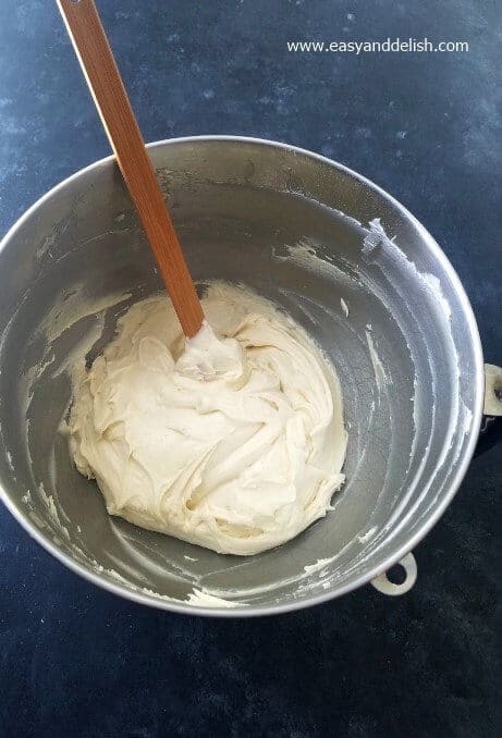 cake batter into stand mixer bowl