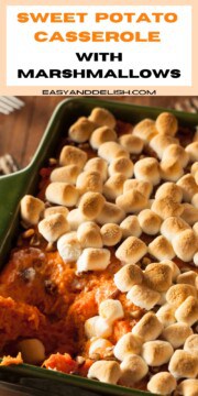 sweet potato casserole with marshmallows in a baking dish.