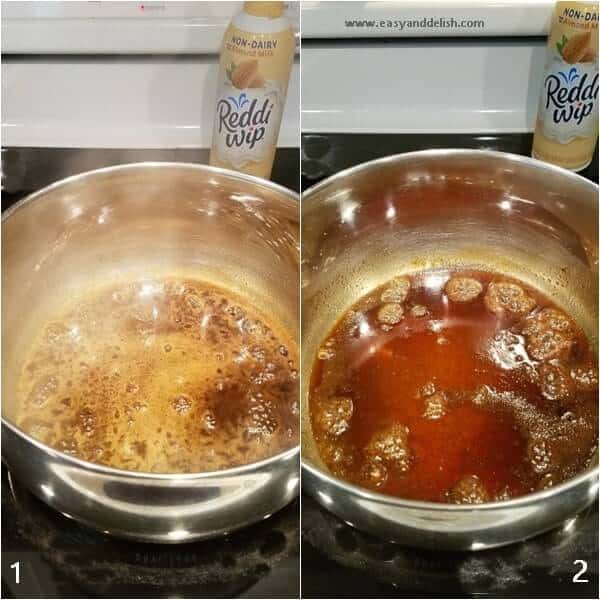 Combined images showing cooking steps to make non-dairy almond caramel pudding