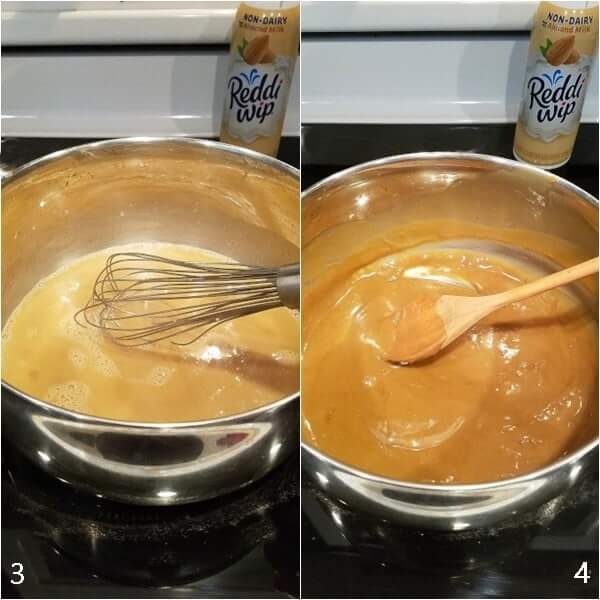 Two combined images showing last cooking steps for non-dairy almond caramel pudding