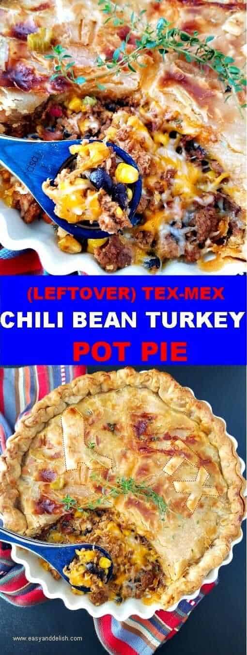 Two combined images showing both crust and filling of baked chili bean turkey pot pie