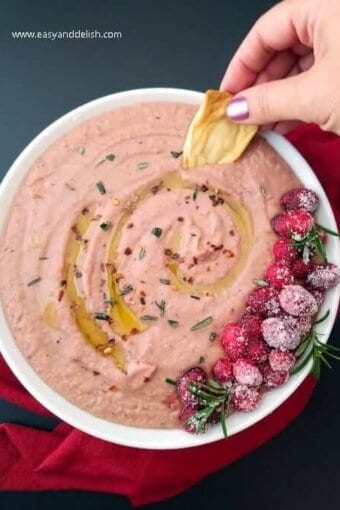 A bowl of cranberry jalapeno dip with pita chips.