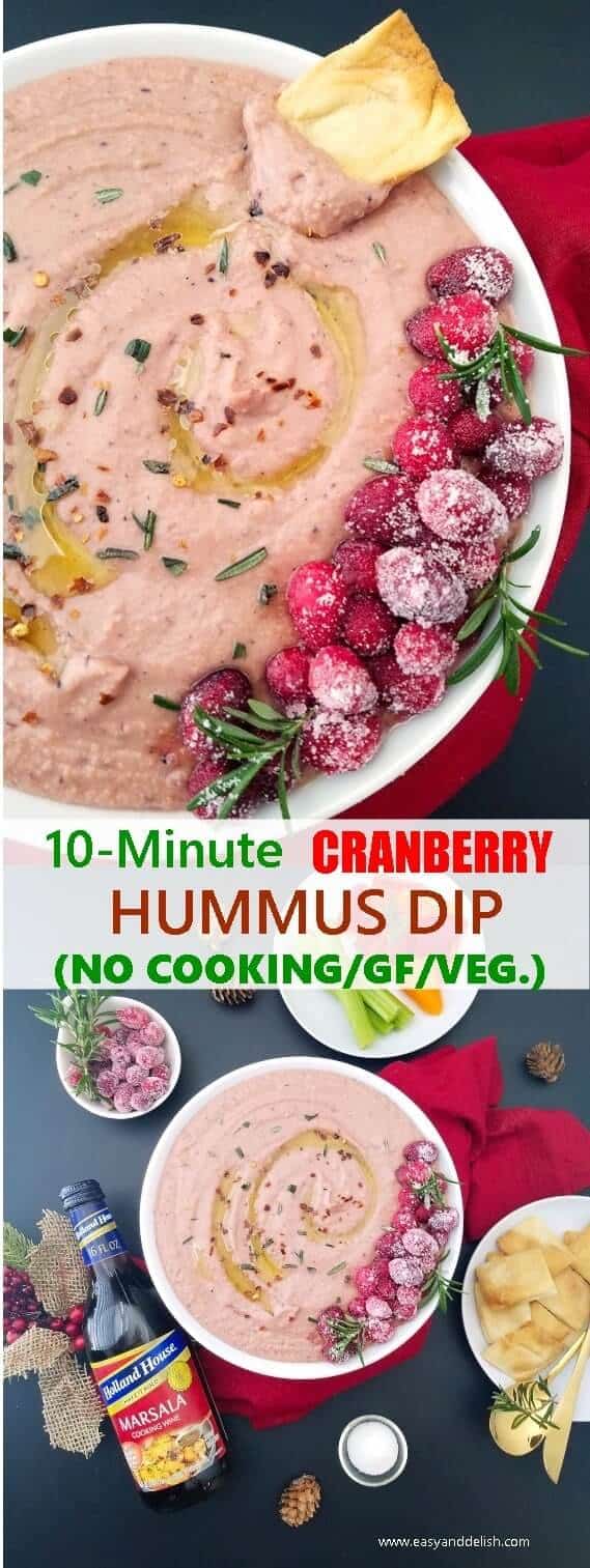 Two combined images showing cranberry hummus dip on a table setting