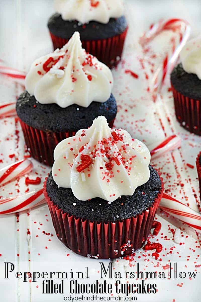 Peppermint marshmallow filled chocolate cupcakes from December monthly meal plan