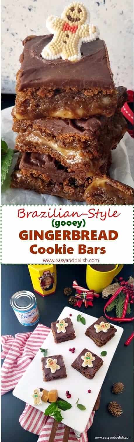 Two combined images showing gingerbread cookie bars both piled up and on a platter