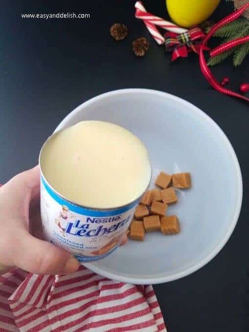 preparing dulce de leche filling for gingerbread cookie bars