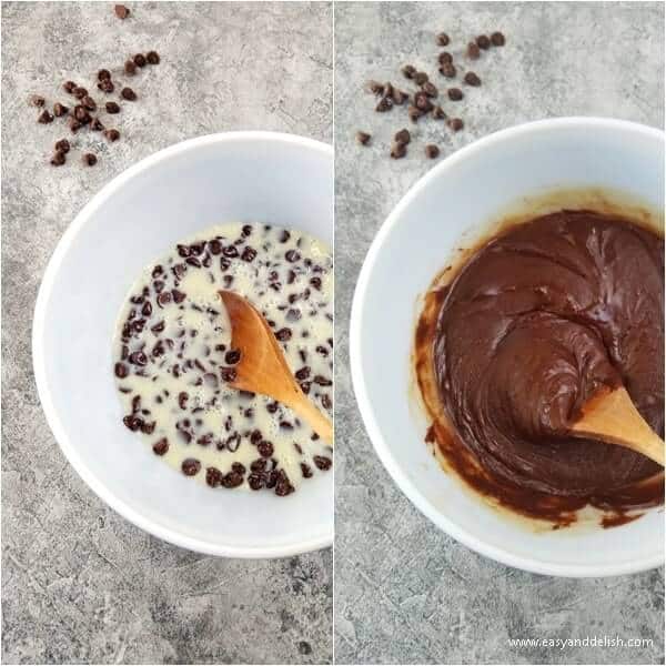 Two combined images showing steps 1 and 2 for making hot chocolate fudge