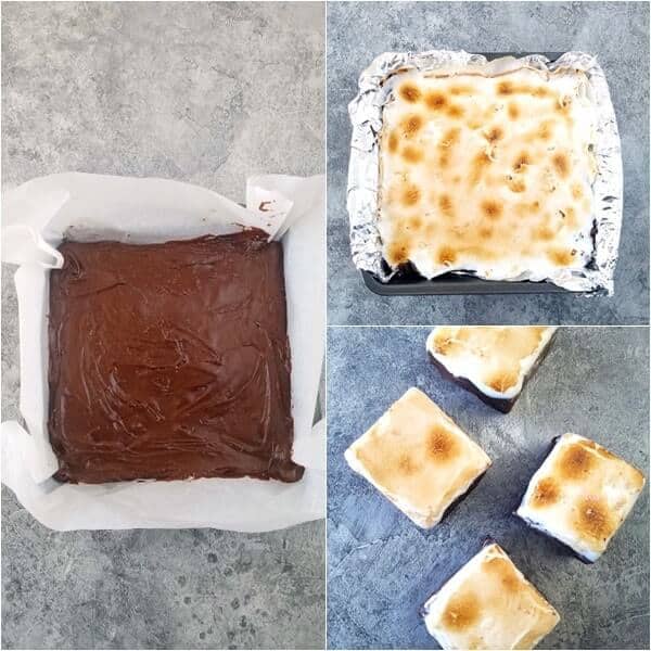 Three combined images showing steps 3 to 5 on how to make hot chocolate fudge