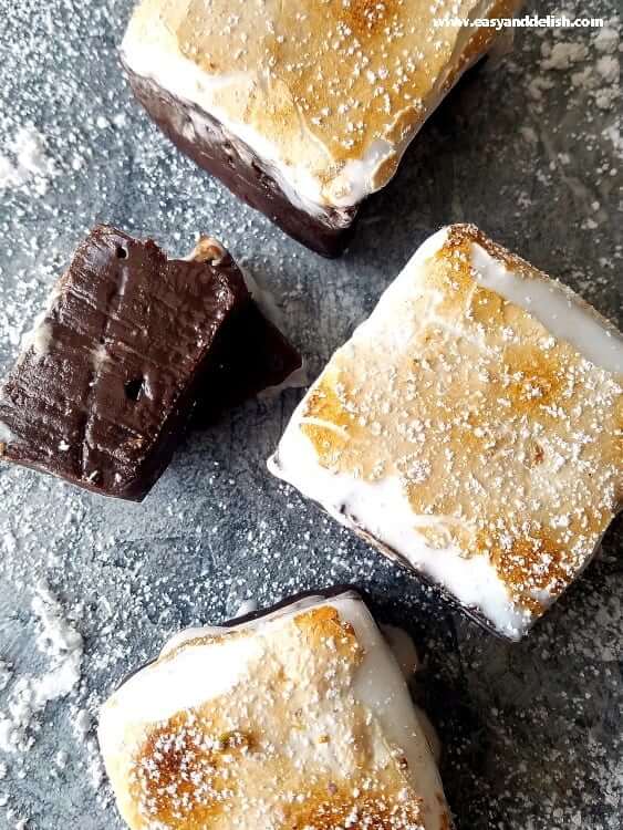 Several squares of hot chocolate fudge on a table