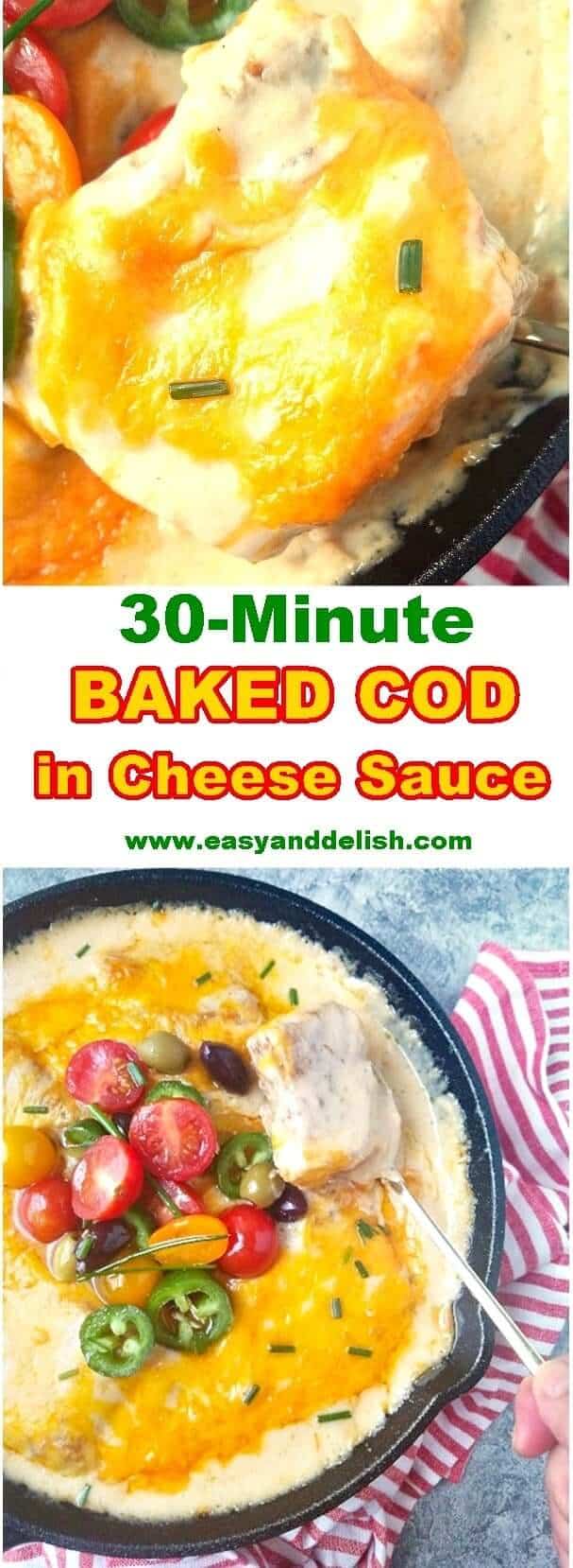 Two close up images showing baked cod in cheese sauce being served.