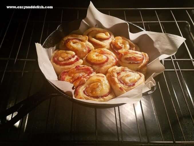 baking monte cristo sandwich breakfast rolls in a cast iron skillet