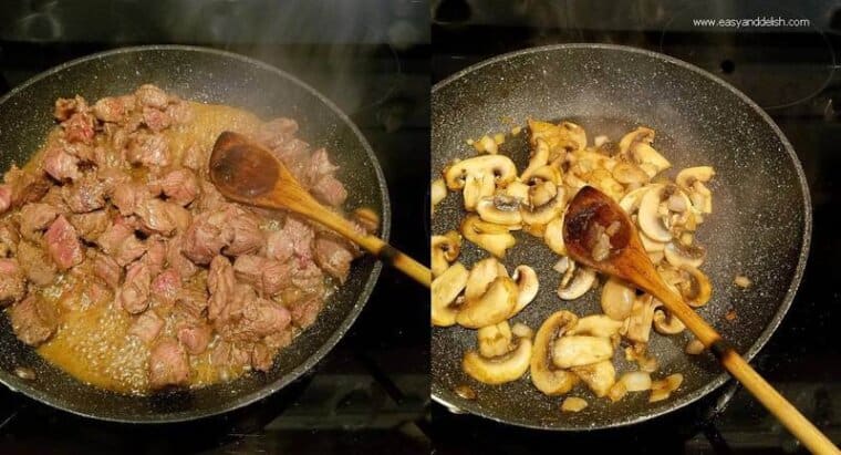 Two combined images showing how to brown meat and mushrooms