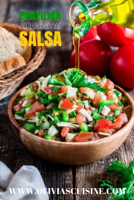 Brazilian vinaigrette salsa served in a bowl with a drizzle of oil