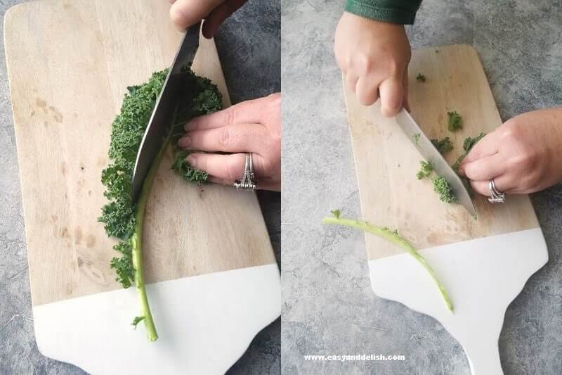 Combined images showing kale being cut on a cutting board for homemade coleslaw