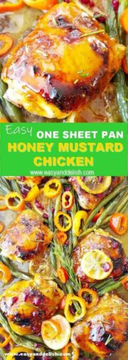 Collage of baked honey mustard chicken thighs.