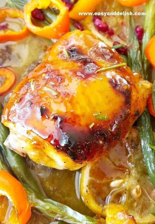 Close up image of baked honey mustard chicken thigh