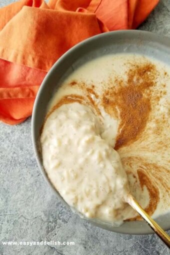 a bowl of rice pudding made in the slow cooker