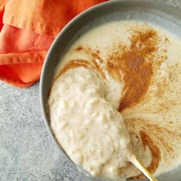 a bowl of rice pudding made in the slow cooker