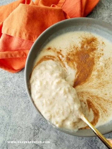 a bowl of rice pudding made in the slow cooker