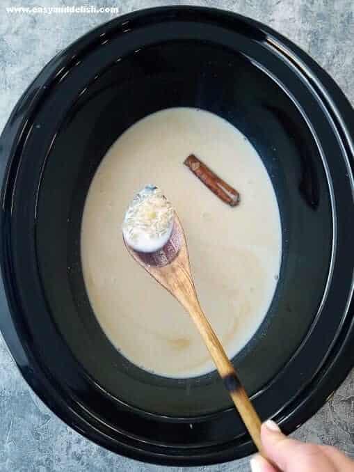 ingredients for rice pudding in a slow cooker