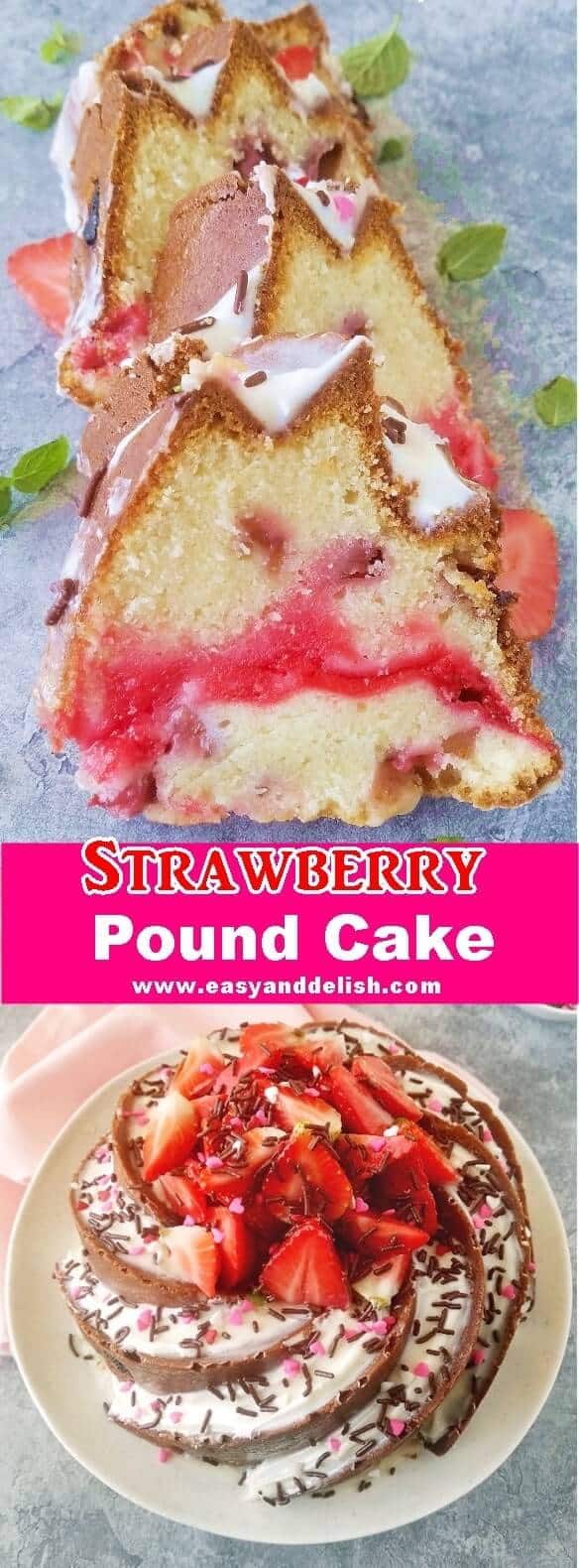 2 close up combined images of strawberry pound cake