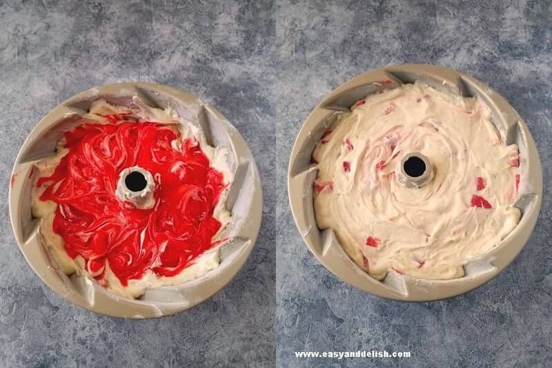 making swirls with strawberry glaze and pouring batter into baking pan