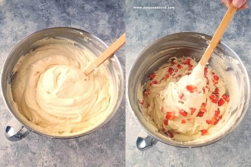 beating strawberry pound cake batter and folding strawberries