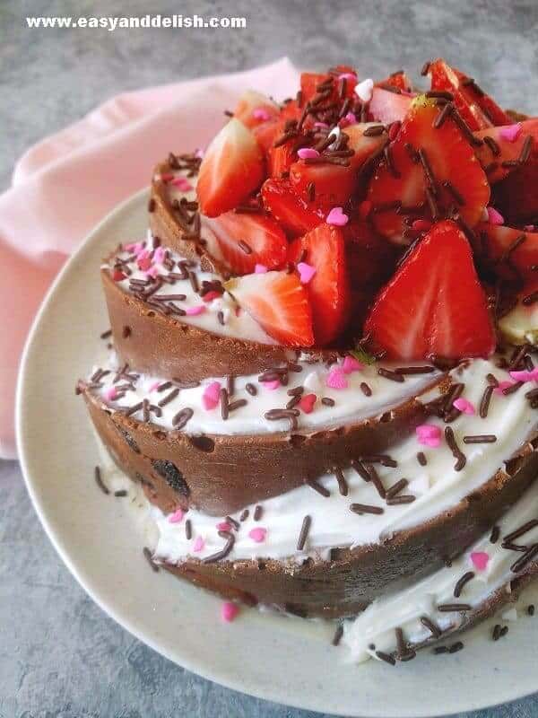 close up image of half strawberry pound cake