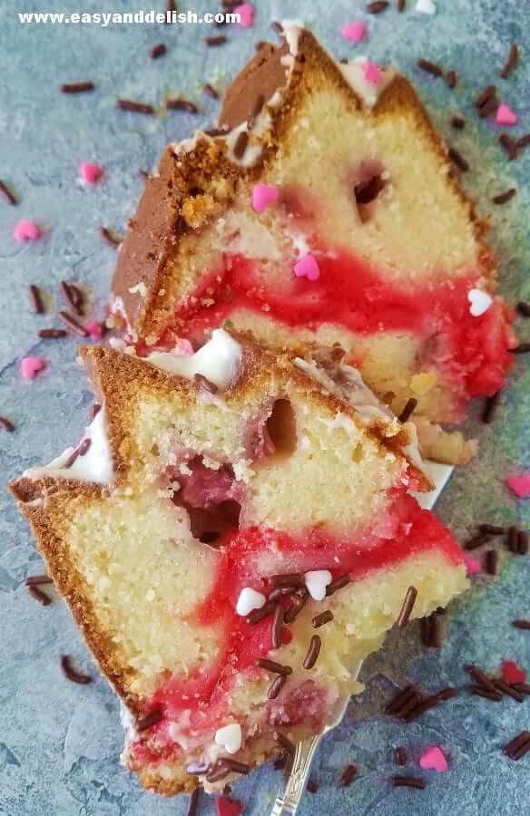 2 slices of strawberry pound cake on a table