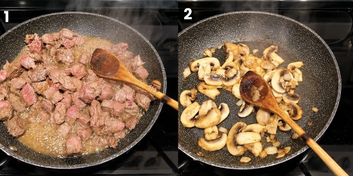 Beef chunks browning in one skillet and sliced mushrooms sautéing in another during preparation.