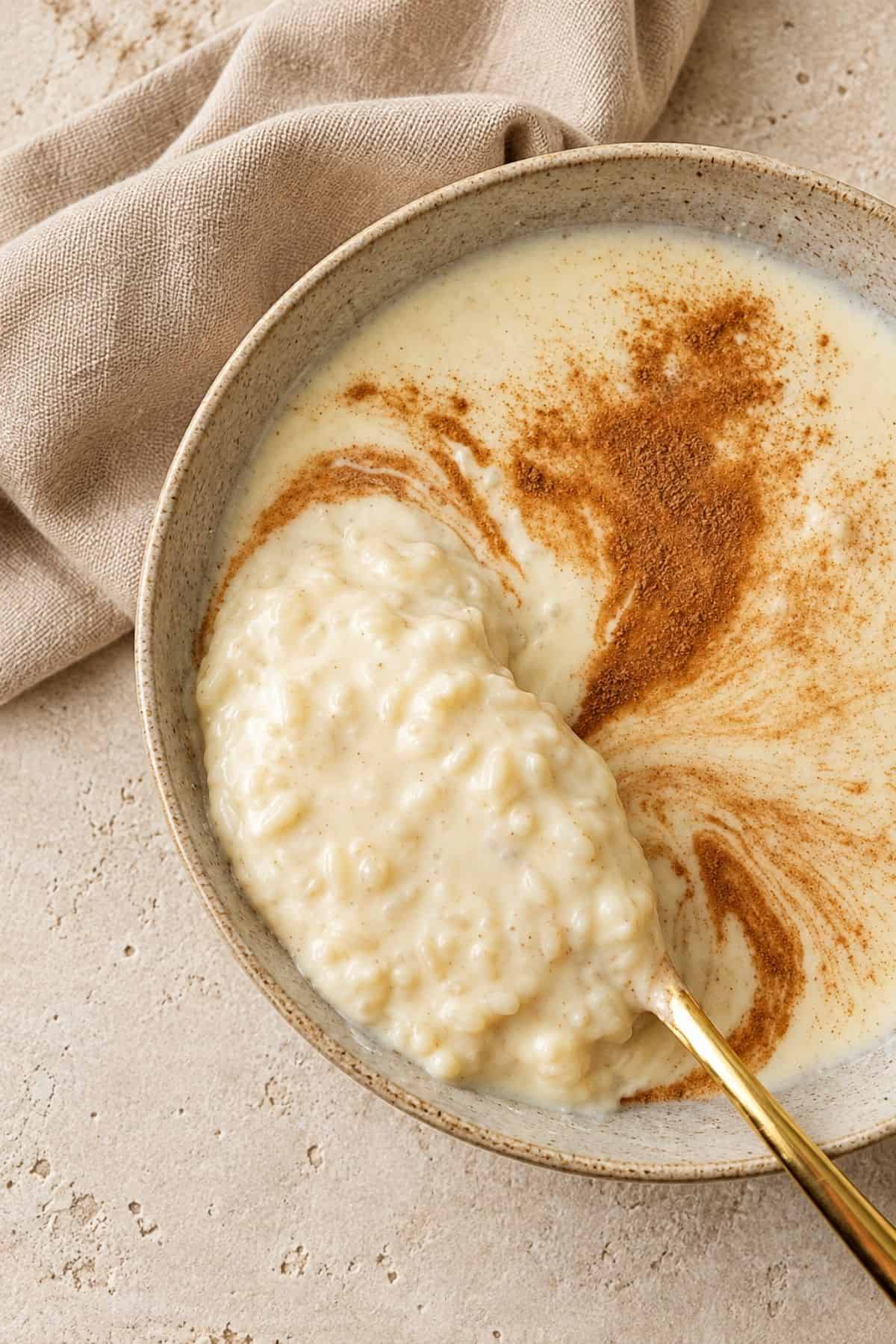 Creamy rice pudding on a gold spoon above a gray bowl with ground cinnamon sprinkled over the surface.