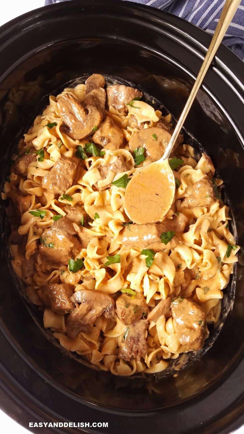 egg noodles and beef stroganoff in the slow cooker