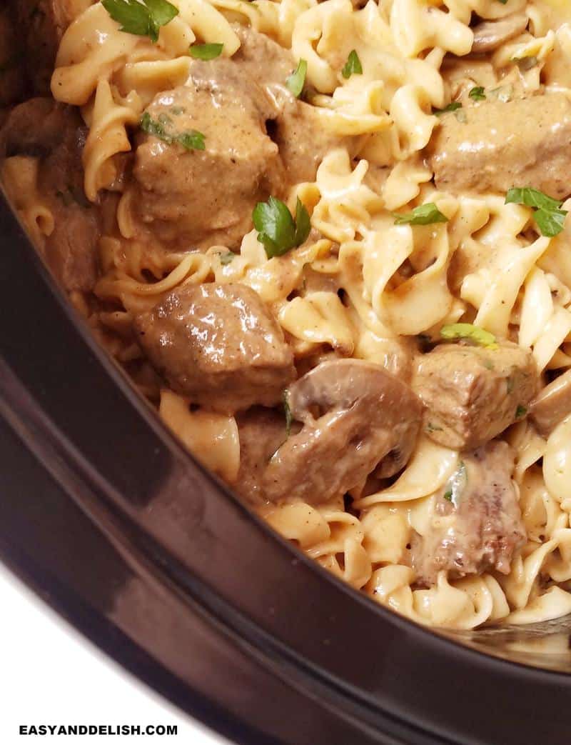 close up of stroganoff in the slow cooker