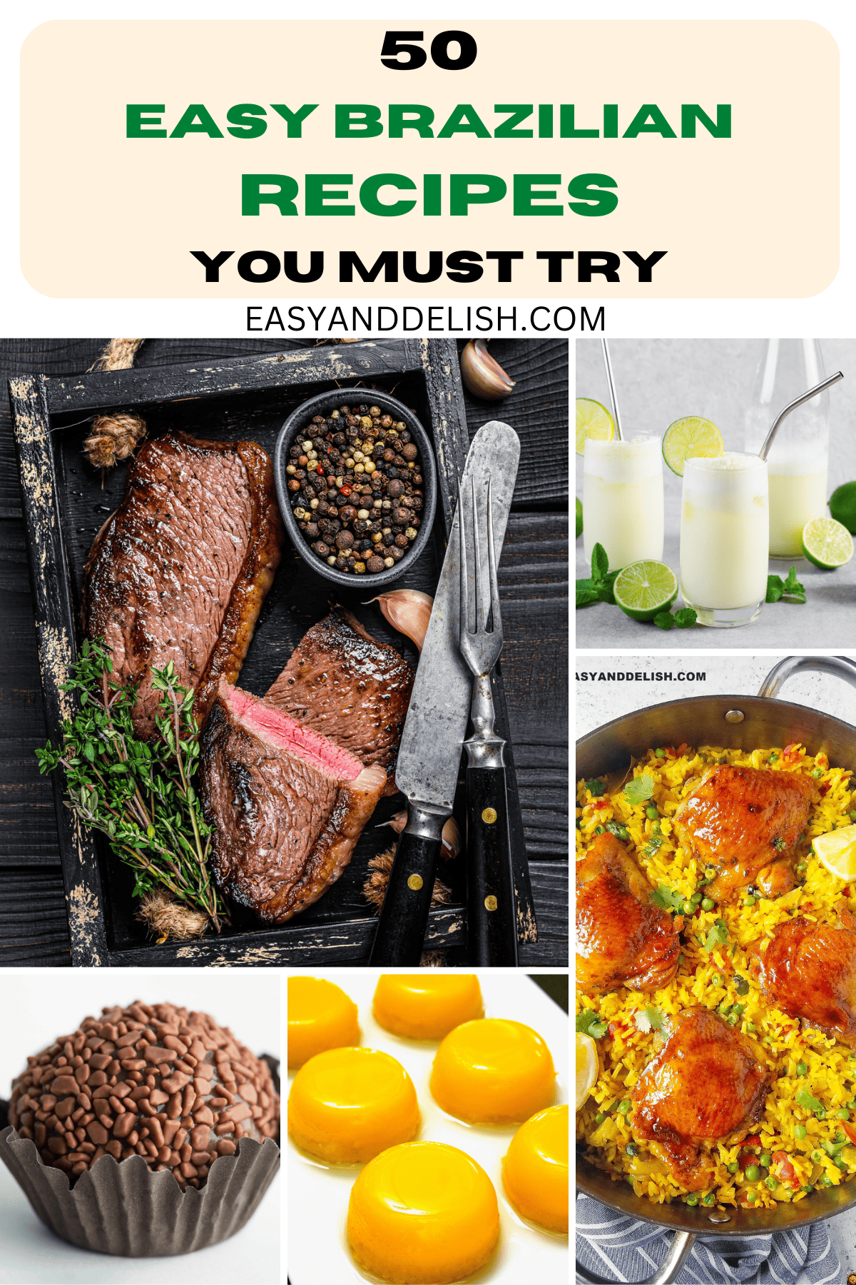 Collage showing 5 out of 50 easy Brazilian recipes. 