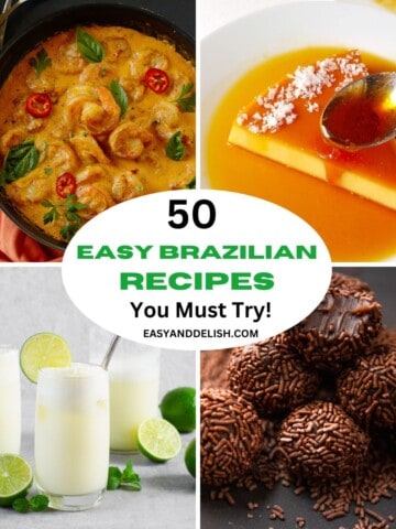 Collage showing 4 out of 50 easy Brazilian recipes.