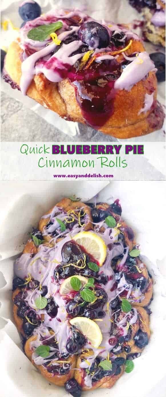 Two combined close up images of blueberry pie cinnamon rolls