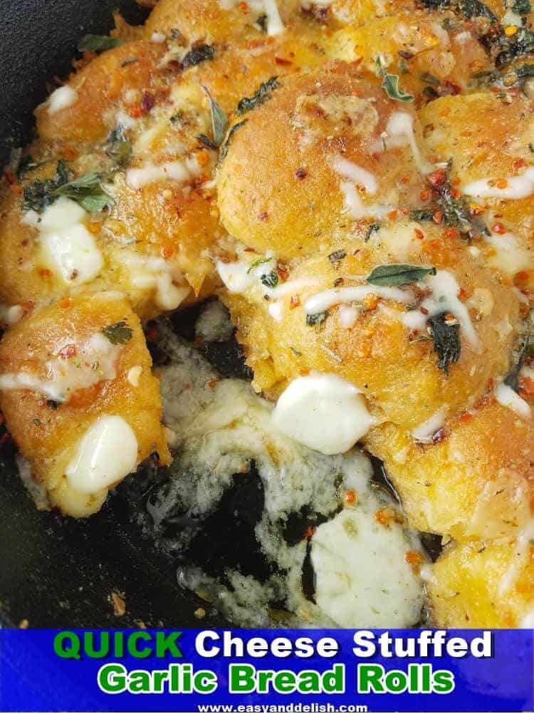 close up image of cheese stuffed garlic bread rolls