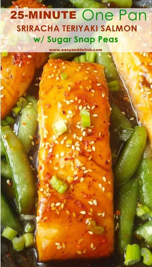 close up image of sriracha teriyaki salmon with snap peas