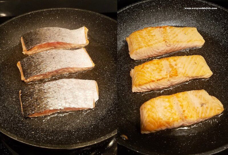 2 combined images showing sriracha teriyaki salmon being cooked (skin side up and down)