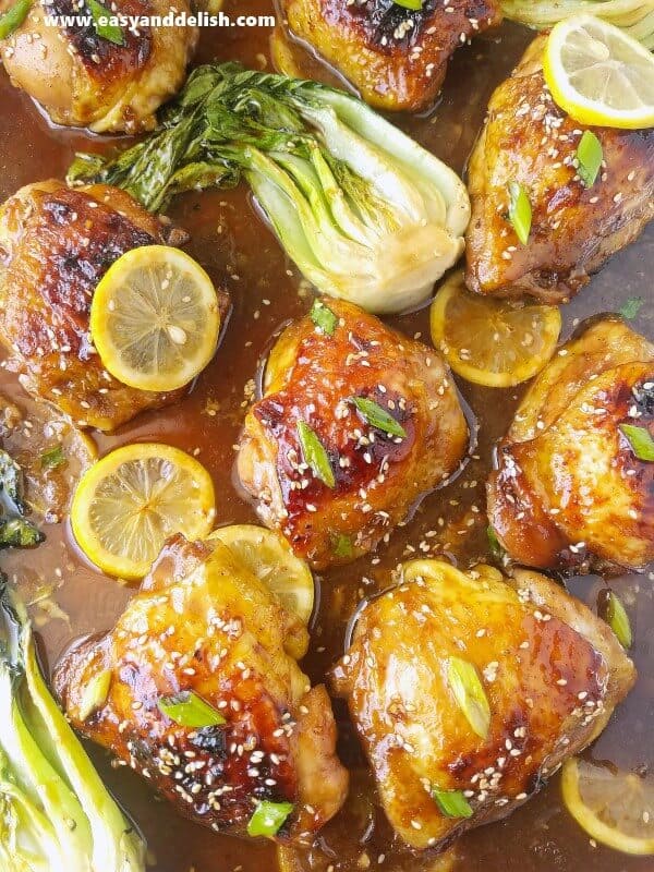 close up of honey soy chicken in a baking sheet as one of the meal under 400 calories