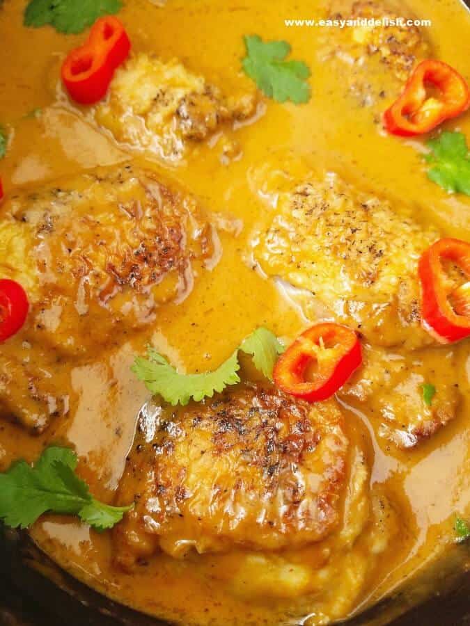 Close up image of cooked chicken satay curry in the slow cooker