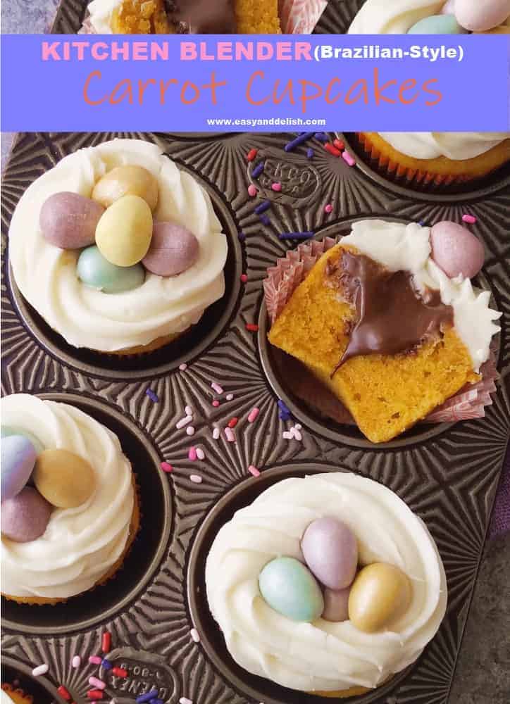 Close up image showing carrot cupcakes both whole and halved in a muffin tin